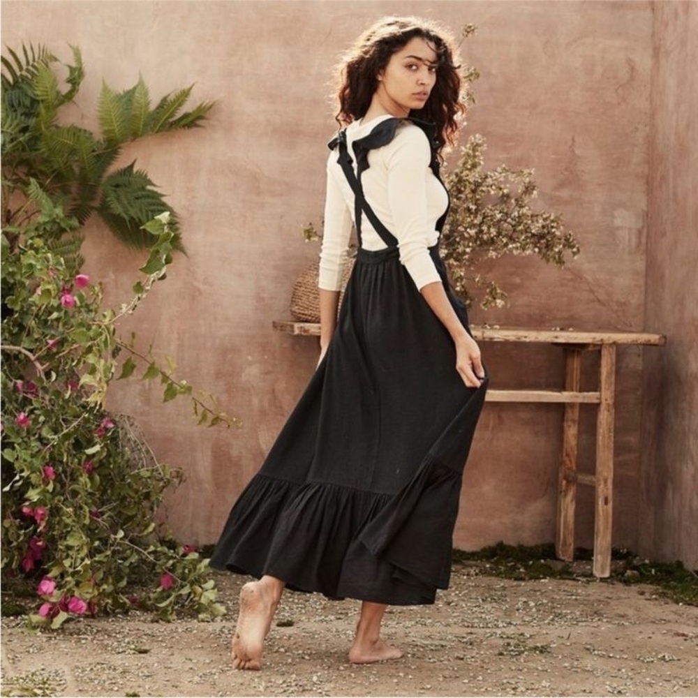 NEW Doen Peninsula Pinafore Dress (Sz L) Silk Linen Ruffle Apron Bib Maxi Black - Picture 2 of 16